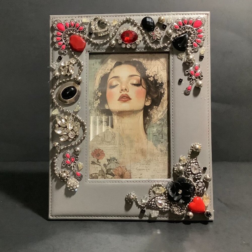 PICTURE FRAME Grey Leather Frame Red & Black Jewels Rhinestones 9X7 OOAK Design